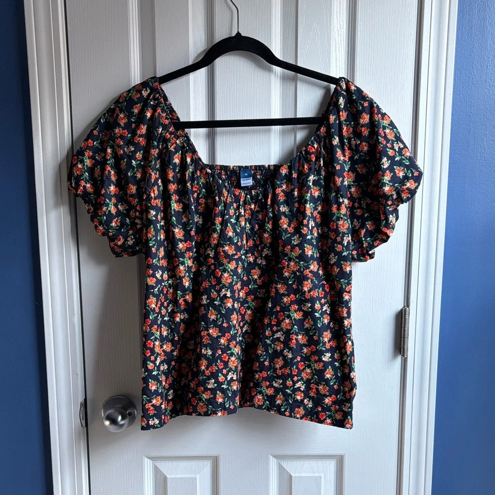Old Navy Floral Cotton Puff Sleeve Babydoll Smocked Blouse Size XL Navy